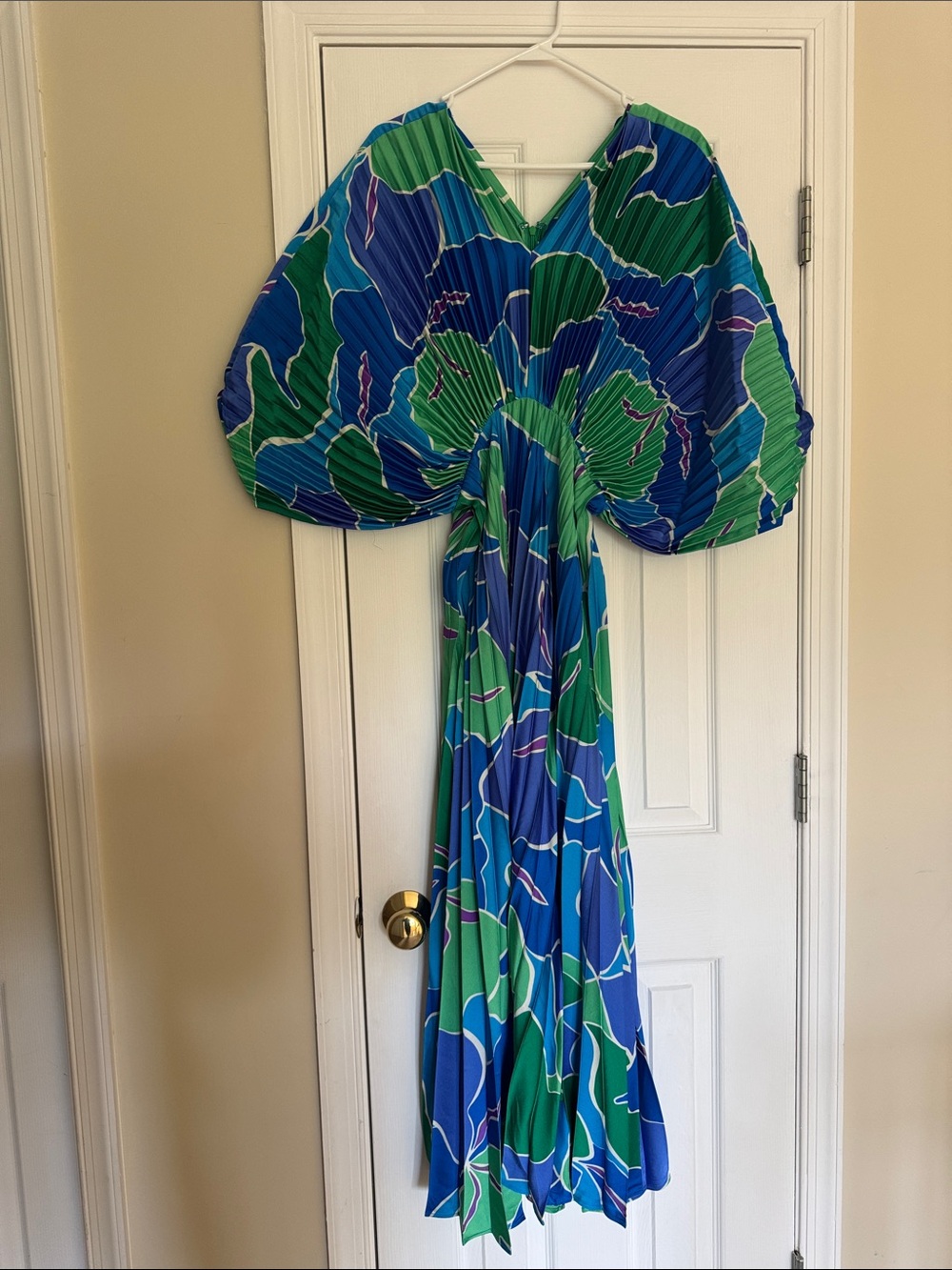 Splash Blue and Green Abstract Pleated Maxi Dress